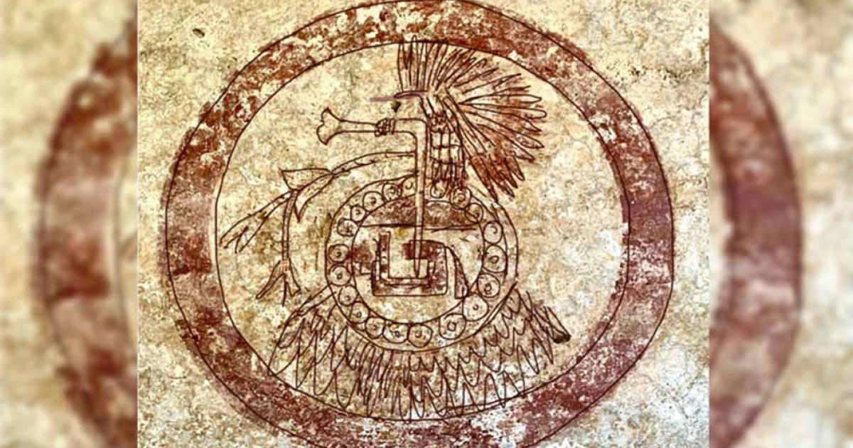 Hand-drawn illustration superimposed over a photo of the pre-Hispanic painting. Source: Frida Mateos / INAH