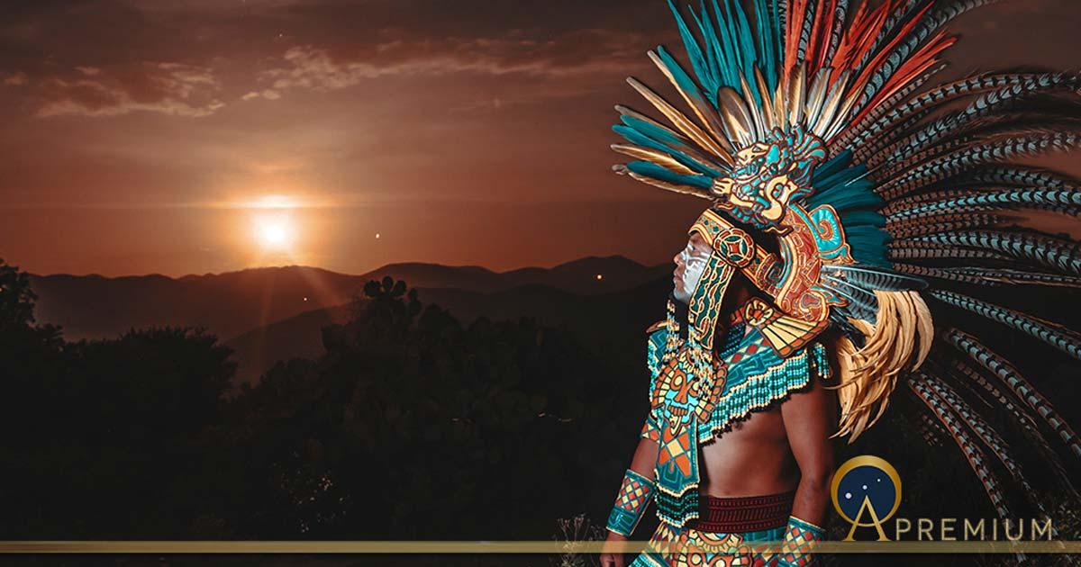 AI Generated image depicting Aztec warrior looking towards the setting sun – (  ivan / Adobe Stock)