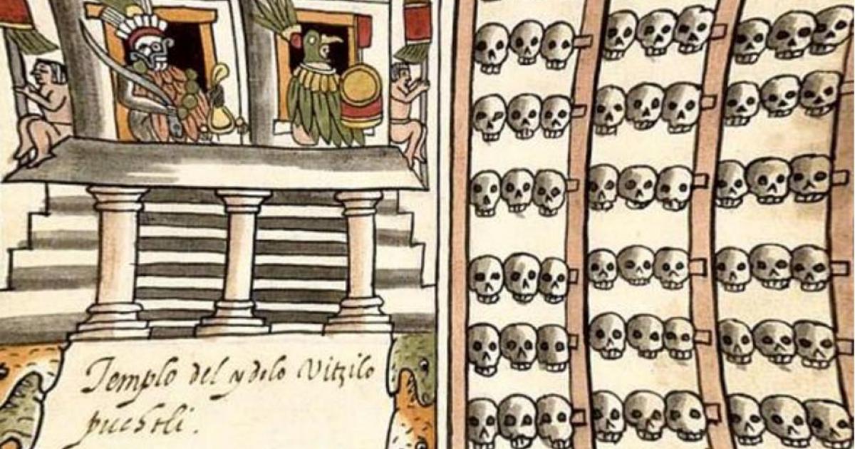 Illustration showing an Aztec skull rack.