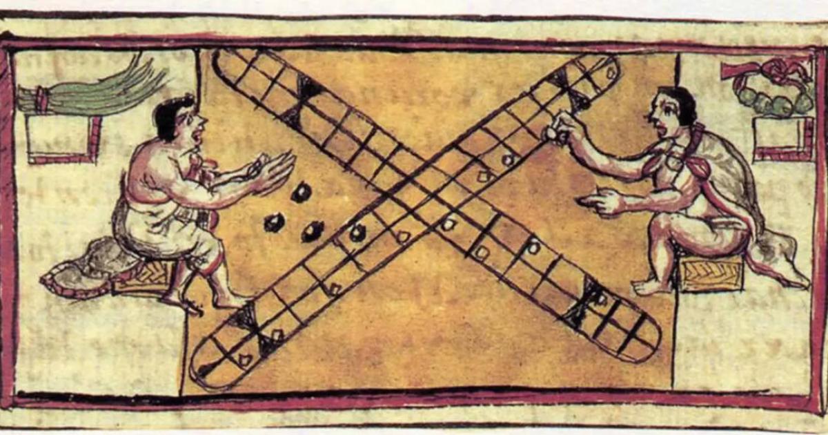 Patolli, a gambling game invented by the early inhabitants of Mesoamerica, where players raced to move pebbles from one end of a cross-shaped track to the other. 