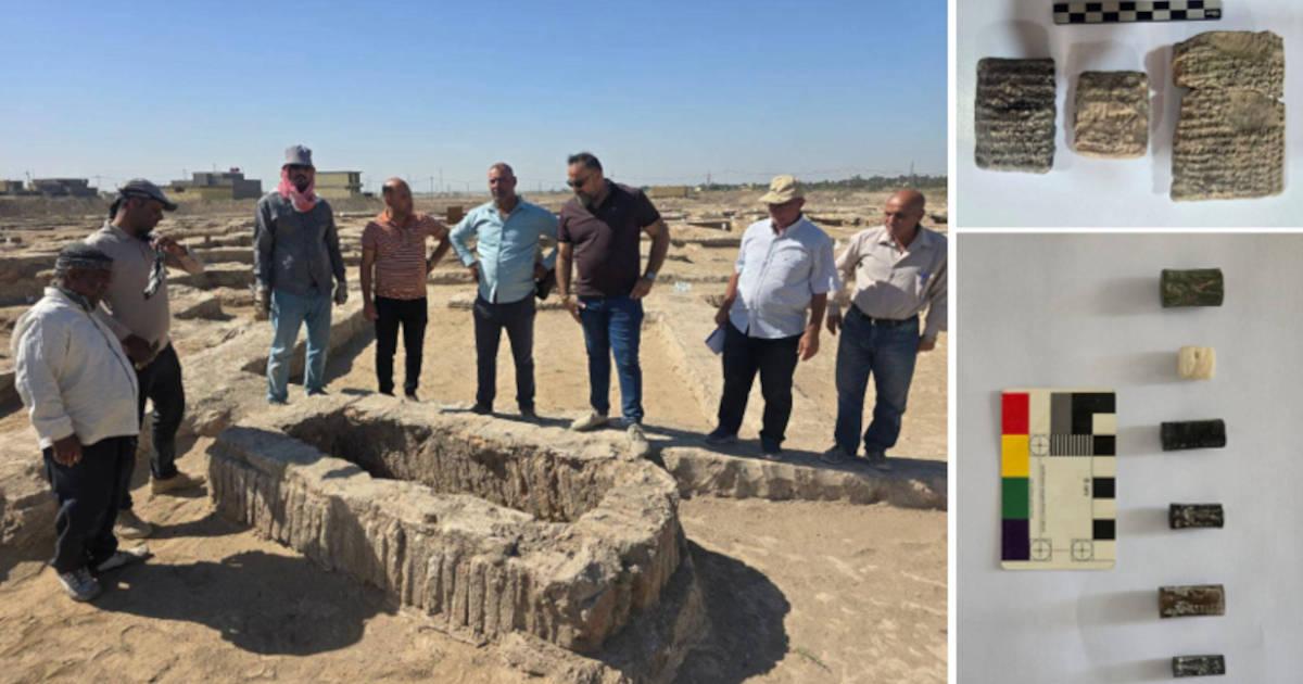 Left; Officials examine a trough-like feature at the site. Right; Seals and cuneiform tablets. 