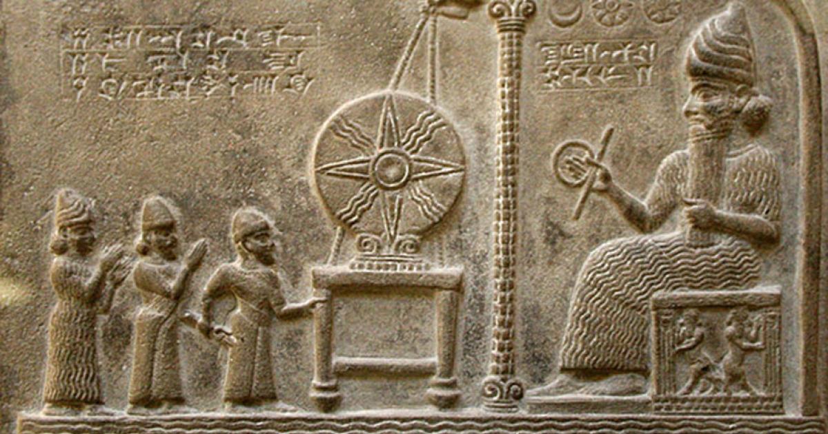 Relief image on the Tablet of Shamash, British Library room 55. Found in Sippar (Tell Abu Habbah), in Ancient Babylonia; it dates from the 9th century BC and shows the sun god Shamash on the throne, in front of the Babylonian king Nabu-apla-iddina (888-855 BC) between two interceding deities. The Babylonian language text tells how the king made a new cultic statue for the god and gave privileges to his temple.