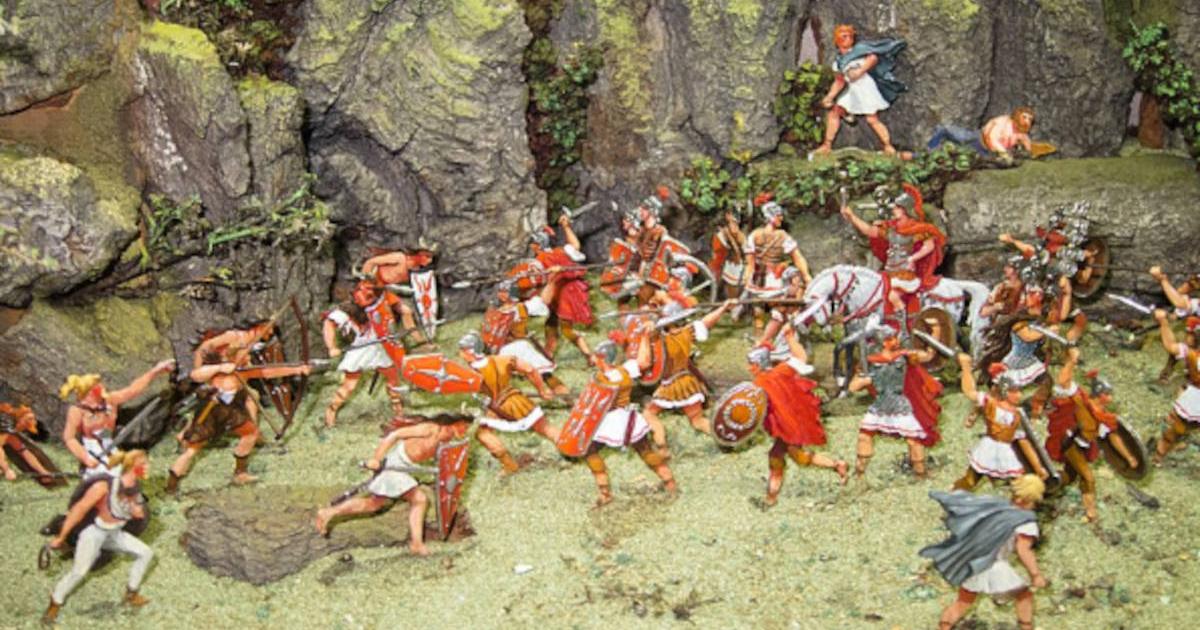 Part of exhibit at the Plassenburg Zinnfiguren Museum in Kulmbach, Germany, depicting warfare between Romans and Barbarians with hand-painted tin soldiers. 
