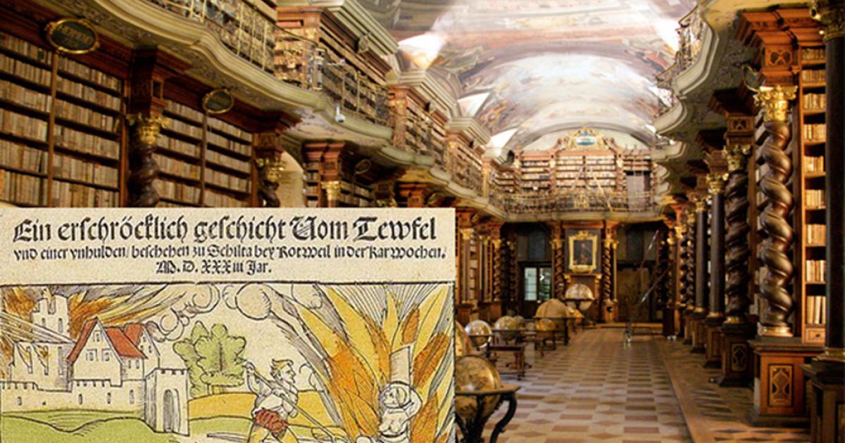 Baroque library hall in the National Library of the Czech Republic in Prague. A collection of 13,000 occult and witchcraft books that were once part of Himmler’s “witch library” were found in the library.