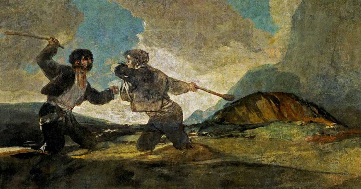 Fight with Cudgels by Francisco de Goya, circa 1820, resembles a bataireacht brawl   Source: Public Domain