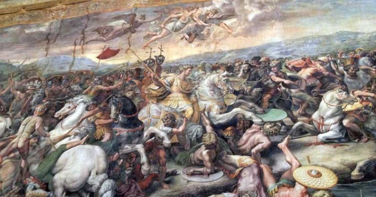 Fresco from the Vatican depicting the Battle of the Milvian Bridge that took place on October 28, 312 between the Roman emperors Constantine I and Maxentius. Source: CC BY-SA 2.0