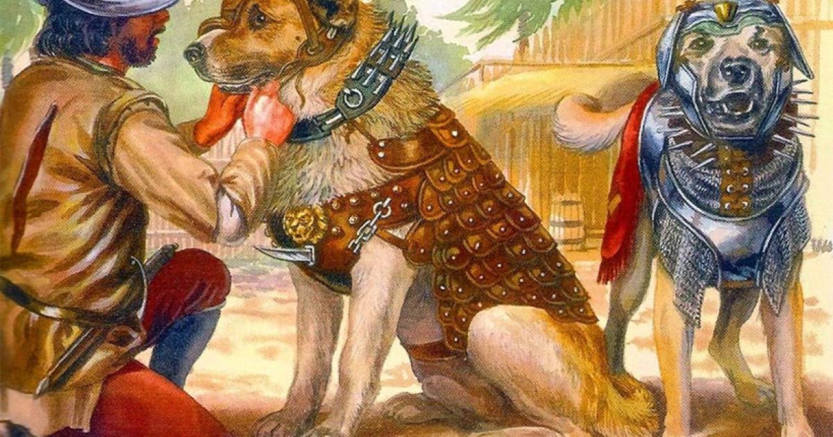 An illustration of Spanish war dogs in battle armor, which must have been similar to Becerrillo of Spanish conquistador fame. (Public domain).