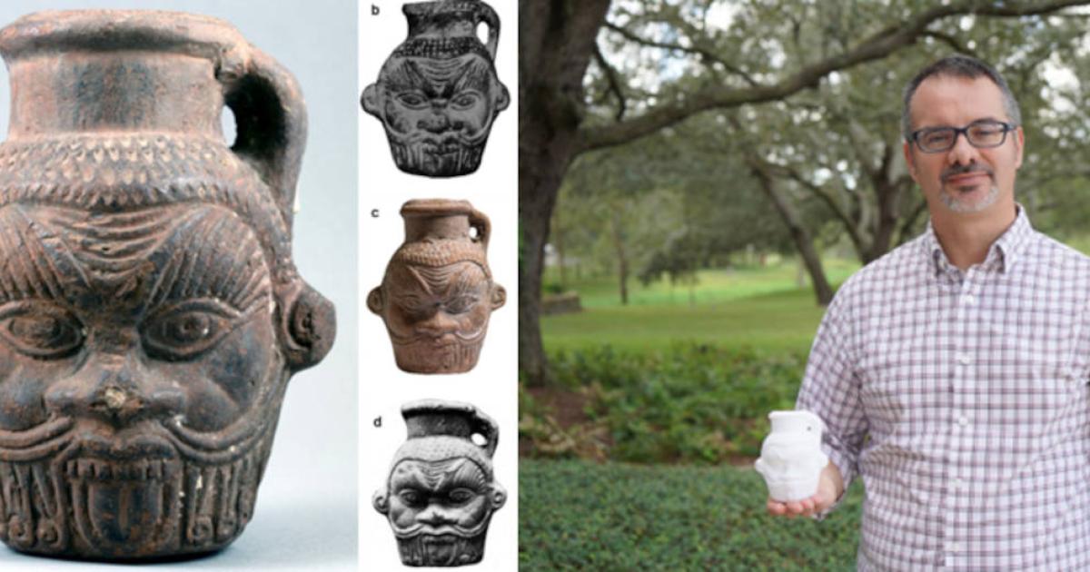 Left; Drinking vessel in shape of Bes head; El-Fayūm Oasis, Egypt. Right; Prof. Tanasi with the 3D digital model of the mug.