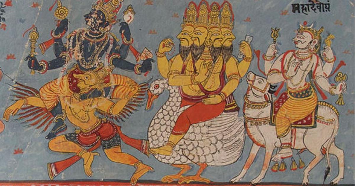 A page of a Bhagavata Purana illustrated manuscript in Devanagari. Illustration depicts Vishnu, Brahma and Shiva seated on their respective vahanas. 