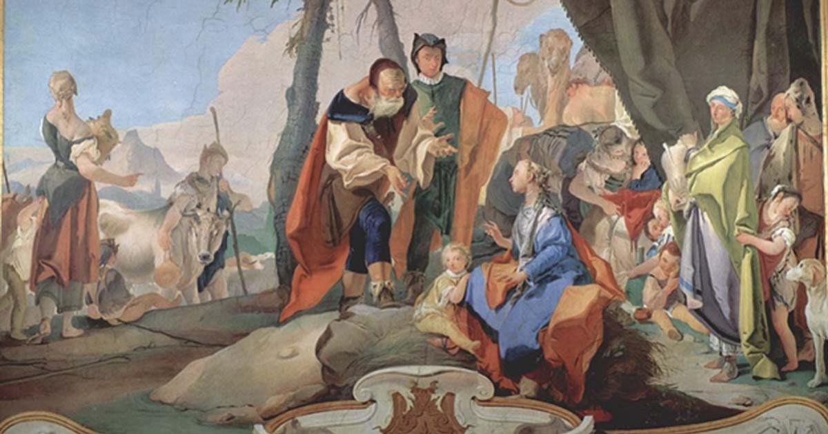 Fresco by Giovanni Battista Tiepolo of Rachel sitting on the idols. 