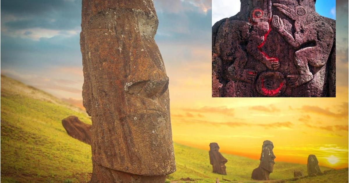 Main: Group of Moai monoliths during sunset on Easter Island. Inset: Birdman cult carvings on the back of standing Moai.       Source: Aliaksei & thakala / Adobe stock