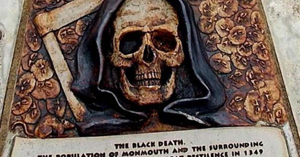 A plaque to the Black Death dead from 1349 and 1369 at Monmouth, Wales.		Source: Jaggery / CC BY-SA 2.0