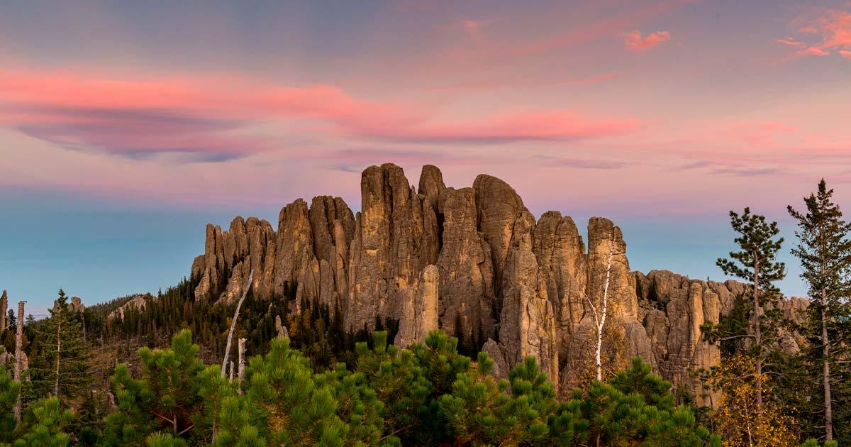 Landscape of Cathedral Spires at sunset, Custer State Park, Black Hills, South Dakota. Source: Danita Delimont / Adobe Stock.