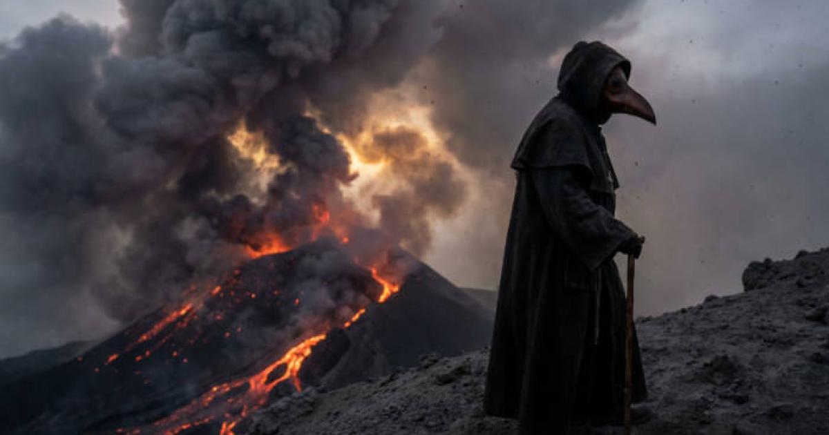 A volcanic eruption with a Plague Doctor.
