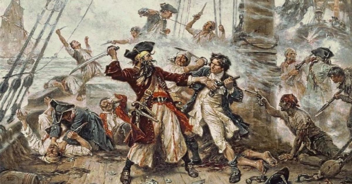 A painting entitled ‘Capture of the Pirate, Blackbeard, 1718’.