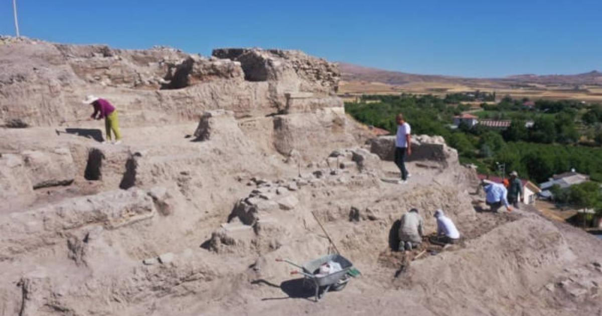 Archaeological excavation of the 6,000-year-old temple complex showing the blood channel and altar at Tadım Mound