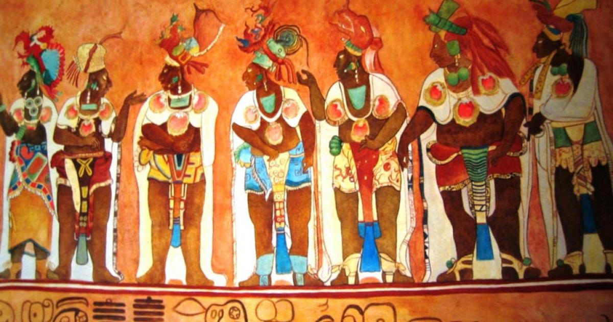 Copy of Bonampak Painting in Chetumal. This is an artist's copy of a mural at the Temple of the Murals at Bonampak, a Maya archaeological site. 