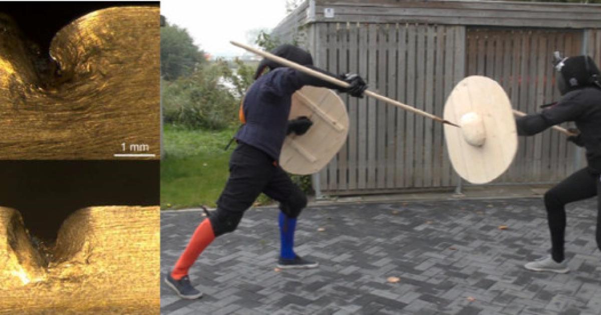 Left;  Right; Experiment, one-handed spear and shield fight.	