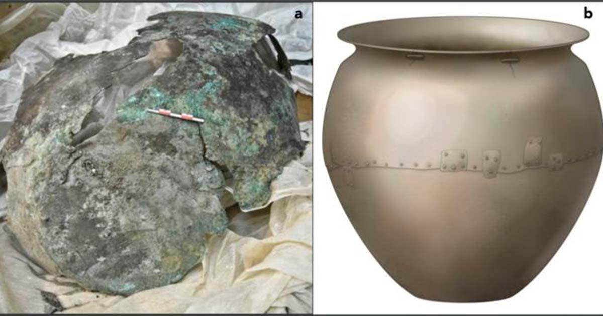 (a) Photograph of the cauldron and what is left today. (b) artistic reconstruction of the cauldron as it would have looked when in use. Source: Wilkin et al. / iScience