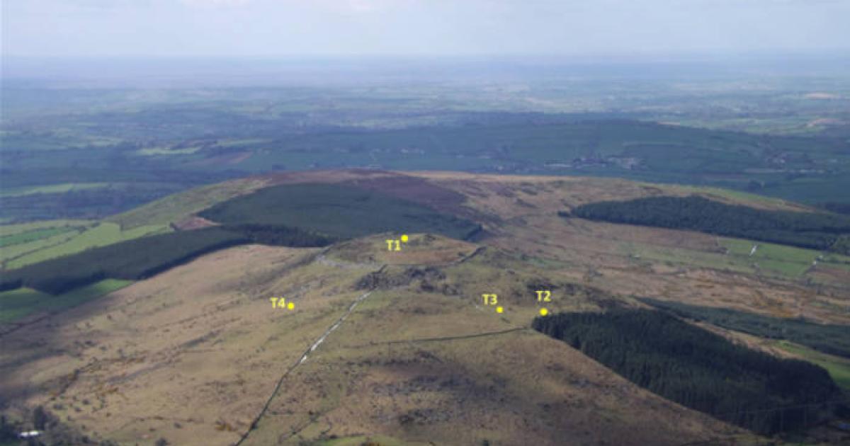 Aerial view of the prehistoric settlement remains at Brusselstown Ring, County Wicklow, Ireland.