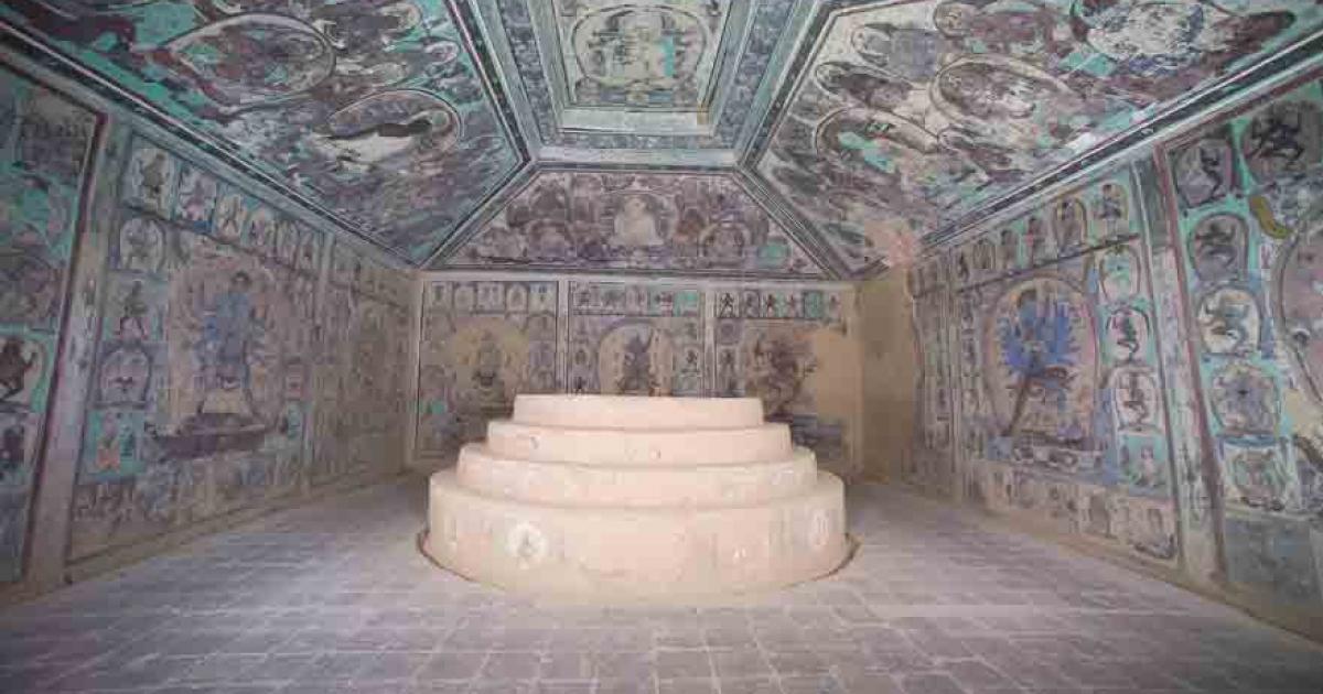 The ancient wall paintings inside Buddhist cave temple “Cave 465,” located near Dunhuang about 932 miles (1500 km) west of present-day Beijing. 