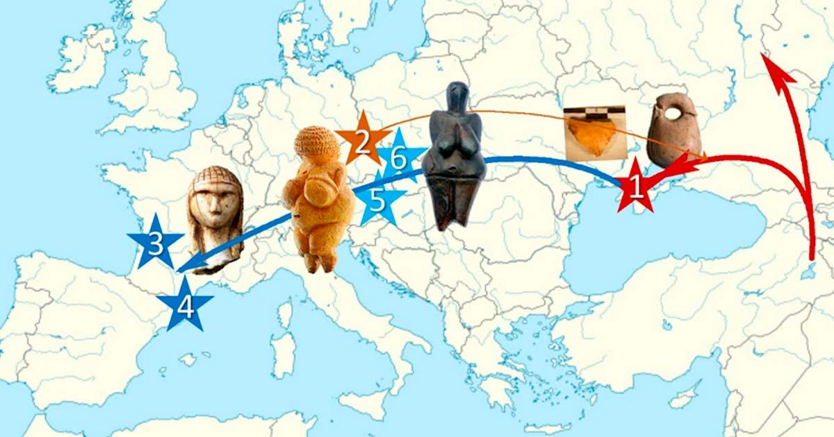 Map by the study authors depicting the location of the Buran Kaya III (1), Zlatý Kůň (2), Fournol (3), Serinyà (4), Krems-Wachtberg (5) and Věstonice (6) archeological sites, whose remains were were analyzed in the study. Also shown are one of the analyzed skull fragments and pierced beads discovered with the bone fragments from the Buran Kaya III site, as well as the Venus statuettes from Věstonice, Willendorf and the Dame de Brassempouy (from right to left).  Source: E-M. Geigl, provided by the author/The