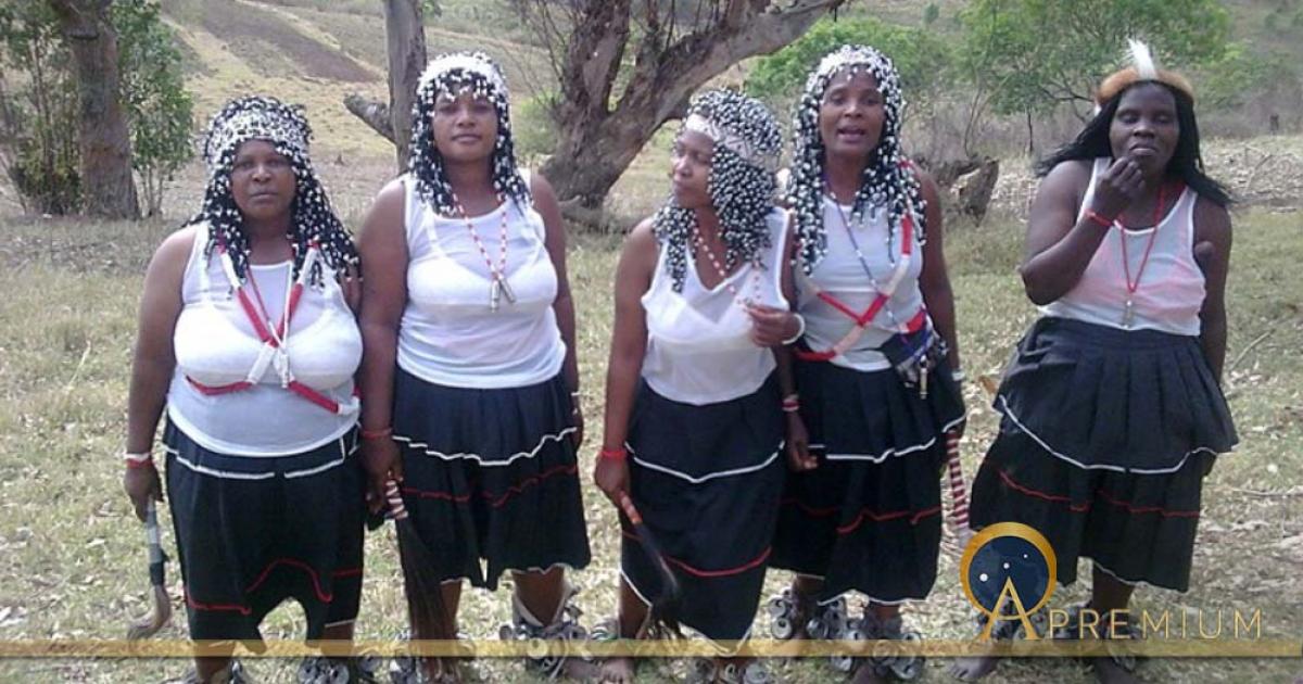 Five sangomas at an Umgido Ceremony in Zululand (Wizzy/ CC BY-SA 3.0)