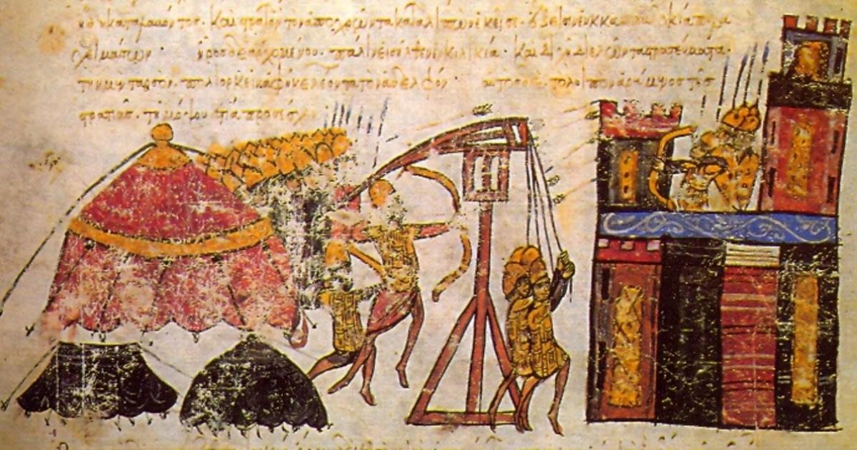 Image from an illuminated manuscript depicting a Byzantine siege of a citadel. A tactic of ancient biological warfare was to hurl infected dead bodies over city walls.