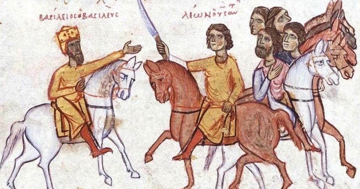 The Byzantine emperor Basil I (left) with his son Leo VI. Uploaded by Ghirlandajo, 2005