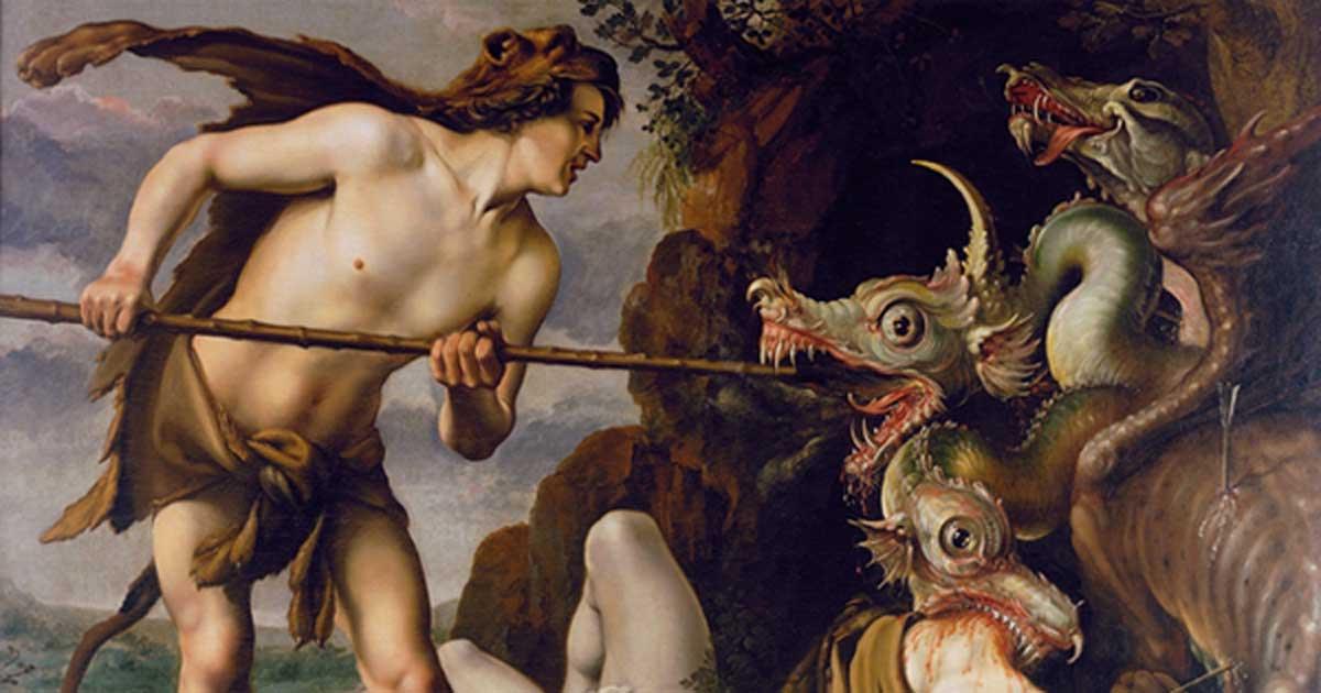  “Cadmus Slays the Dragon” by Hendrik Goltzius. The Greek myth of Cadmus fighting the serpent may be an allegory for the discovery of the Amazon River. In various accounts, the snake is instead referred to as a dragon or serpent. 