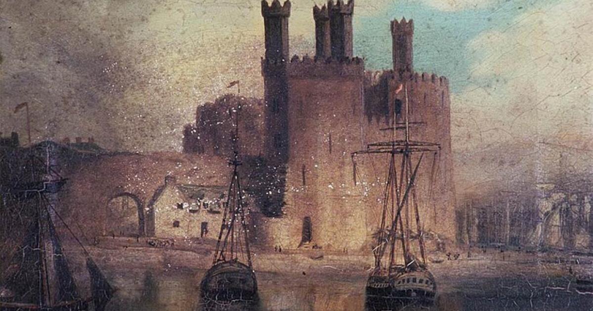 Oil painting of Caernarfon Castle in 1846 by Hugh Hughes, from the National Library of Wales. Photo source: Public domain.