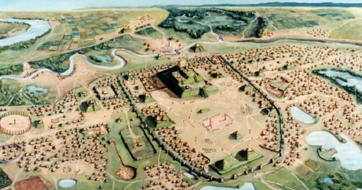 An illustration of North America's first city, Cahokia.