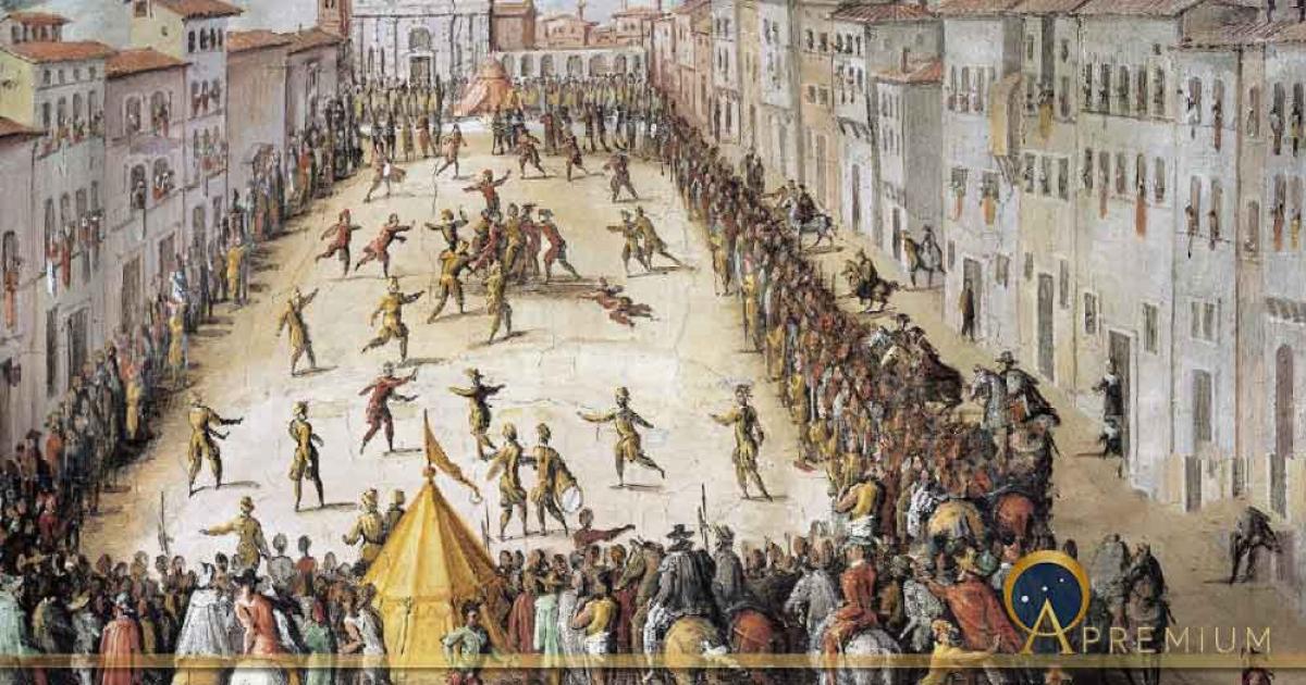 Calcio match in Piazza Santa Maria Novella, in Florence. Painting by Jan Van der Straet. Source: Public Domain