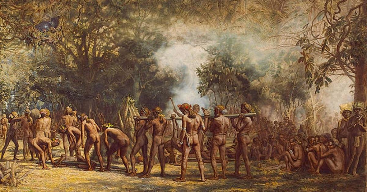 Cannibal feast on the Island of Tanna, New Hebrides by Charles E. Gordon Frazer (1863-1899). 