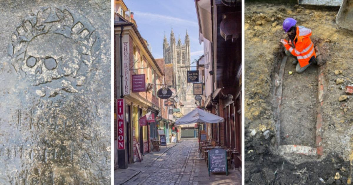 Left, skull engraved gravestone, center, Butchery Lane, Canterbury, Right, The vault under excavation.