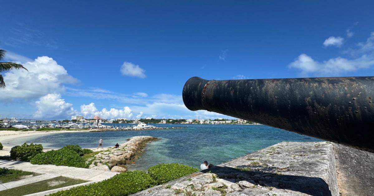 A cannon in Fort Montagu protects the entrance to Nassau's pirate harbor at New Providence Island in the Bahamas