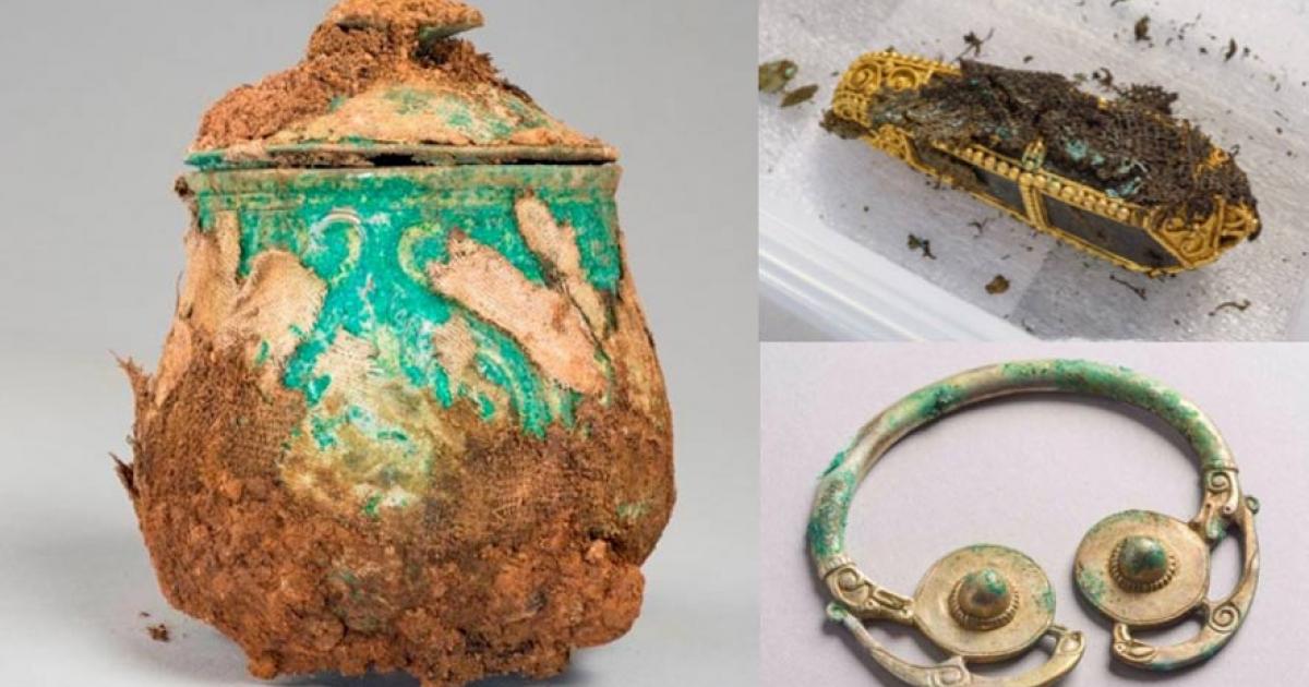 A finely wrought Carolingian vessel, still encrusted with pieces of textile 