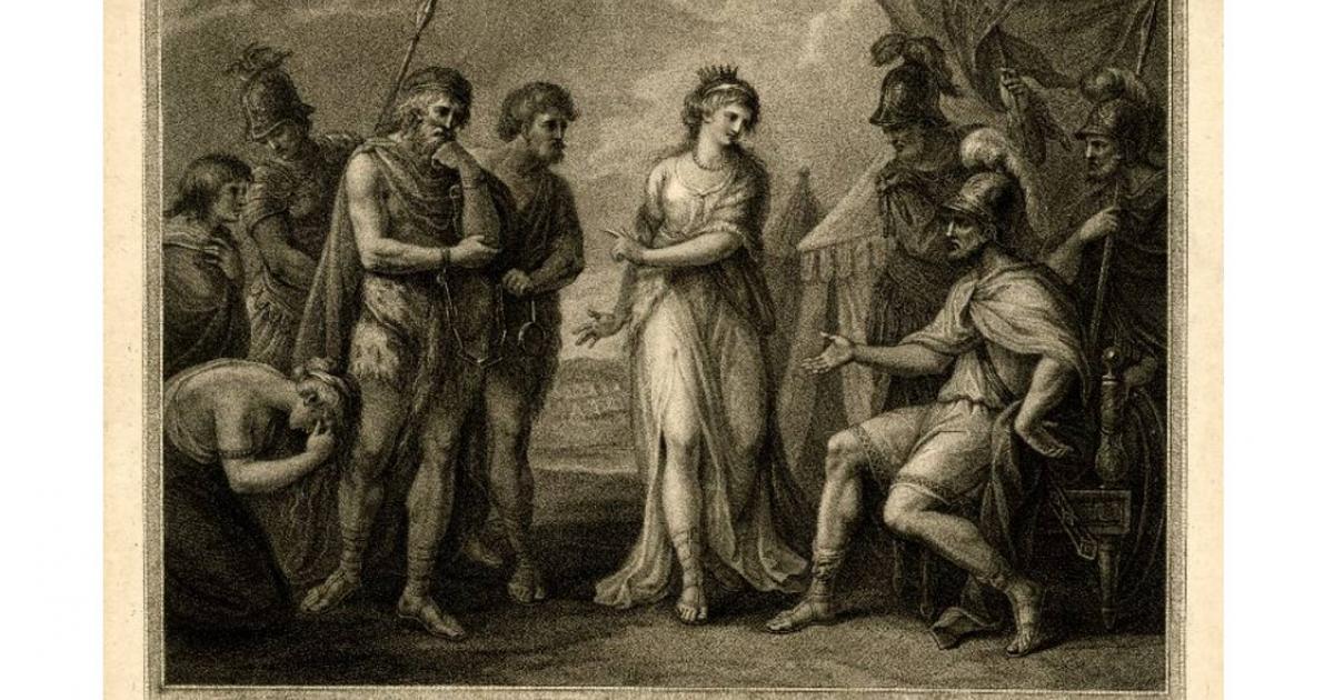 A print, entitled 'Caractacus, King of the Silures, delivered up to Ostorius, the Roman General, by Cartismandua, Queen of the Brigantes'