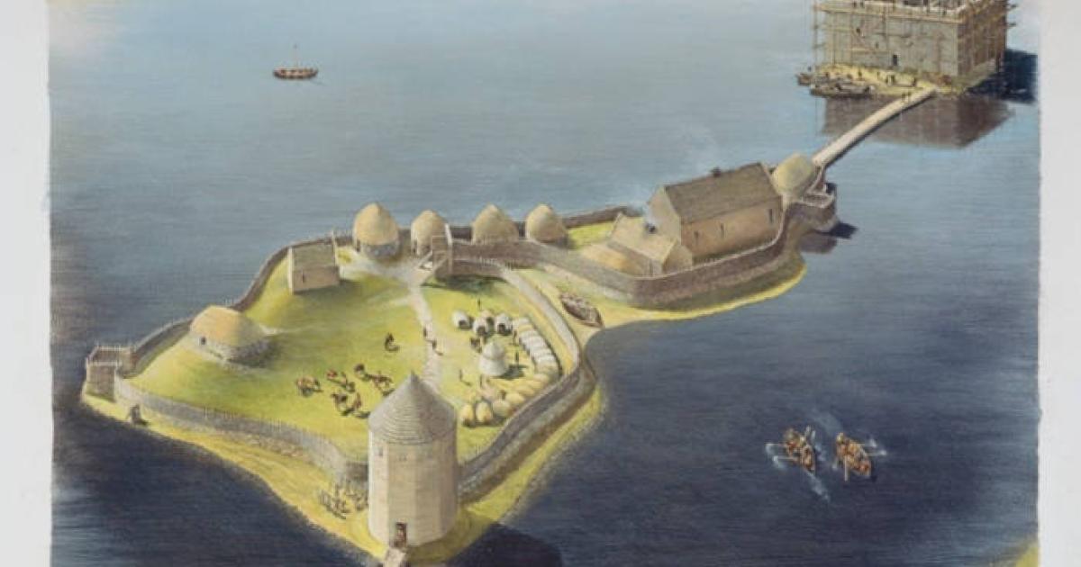Artists impression of Finlaggan Castle, Isle of Islay, Scotland