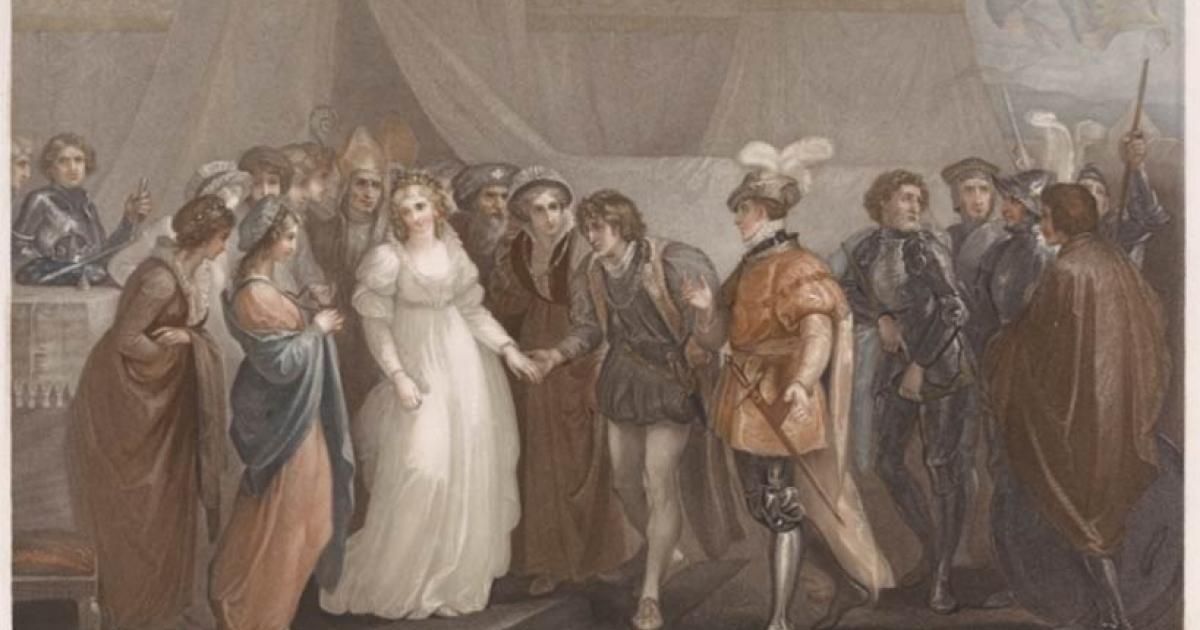 Catherine of Valois being presented to King Henry V of England at the Treaty of Troyes in 1420. Original print at the Rijksmuseum. Source: Rijksmuseum / CC0