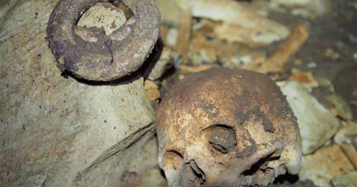An iron currency ring and human skull found in the rare cave burial in Gabon, Africa. Source: NOT Engineers