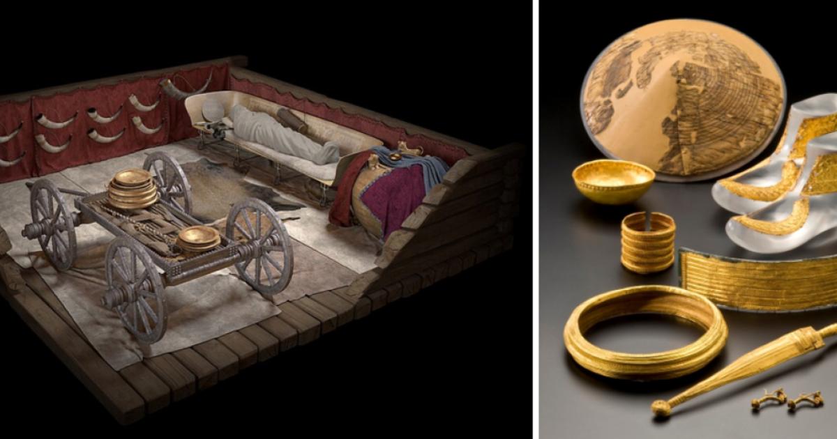 Top image: Left: Visualization of the central grave/main burial of the Hochdorf mound in Baden-Württemberg. Right: Grave goods from Eberdingen-Hochdorf