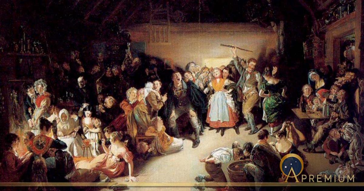 Snap-Apple Night (1833) by Daniel Maclise, shows people playing divination games on 31 October (Samhain) in Ireland, reminiscent of The Morrígan, goddess of fate (Public Domain)