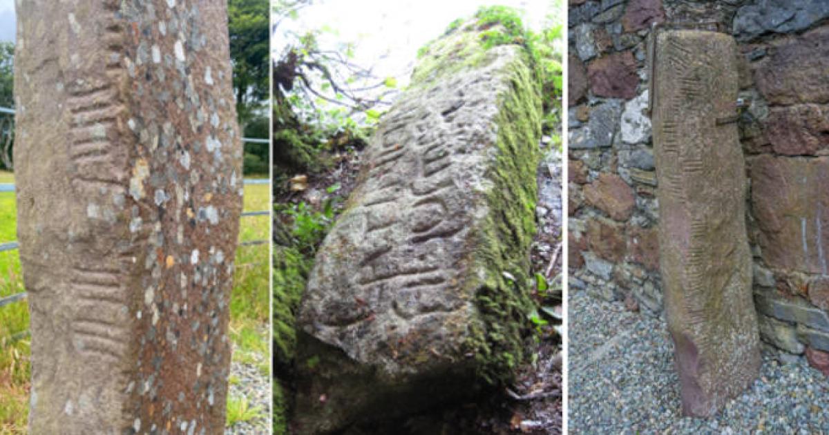 Ogham inscriptions on ancient stones from Ireland and Cornwall.