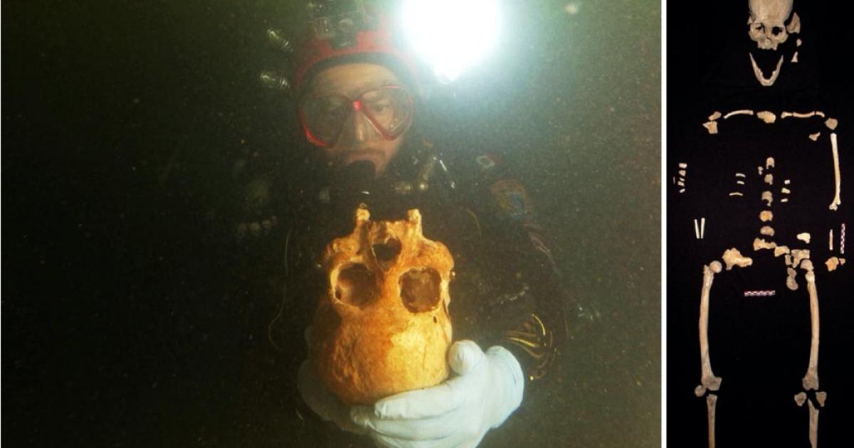 Right: Divers discovered the ancient woman's remains in the Chan Hol cenote cave, near Tulum, Mexico. Left: Pieces of skeleton put together.  Source: Eugenio Acevez & Jerónimo Avilés Olguín / Heidelberg University