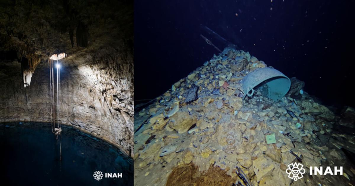 The cenote and pile of discarded items in the cenote.