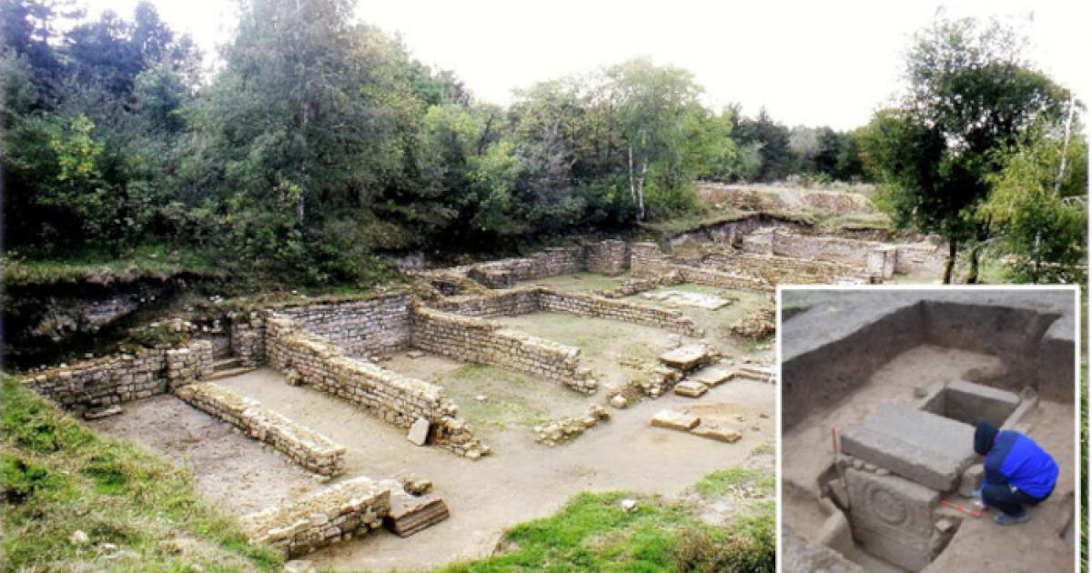 Roman legionary headquarters (principia) at Novae, Bulgaria.  Inset; Centurion’s Tombstone repurposed in a cist grave