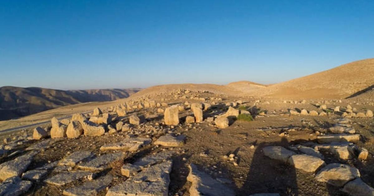 Ceremonial gathering site in Murayghat, Jordan, showing different lines of standing stones. 