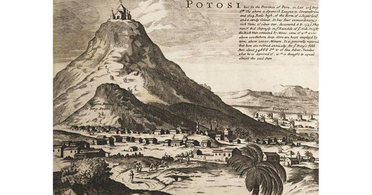 Cerro Rico de Potosí as depicted in 1715, a possible origin of the Sierra de la Plata myth. 