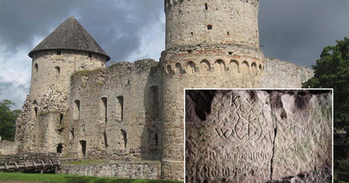 Main: Cēsis Castle in Latvia (CC by SA 3.0). Inset: Inscription found at Cēsis Castle. Inset: Alens Opolskis